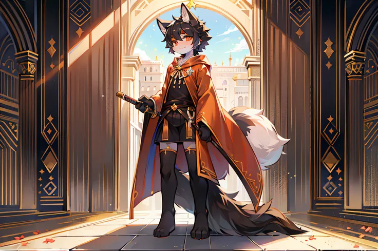 Black Haired Wolf，Orange pupils，Holding a sword in his arms，orange robe，Look into the distance，the night，In the palace，Shota，adolable，White wall tiles，janelas，As estrelas，shoun，solo person，starrysky，flower bouquet，Clear facial features，Cloak，self-assured，s...