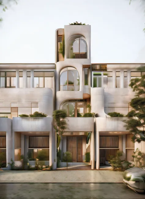 townhouse, no balcony, modern style, vray render, surrounded with green trees, warm tones, cloudy sky, morning