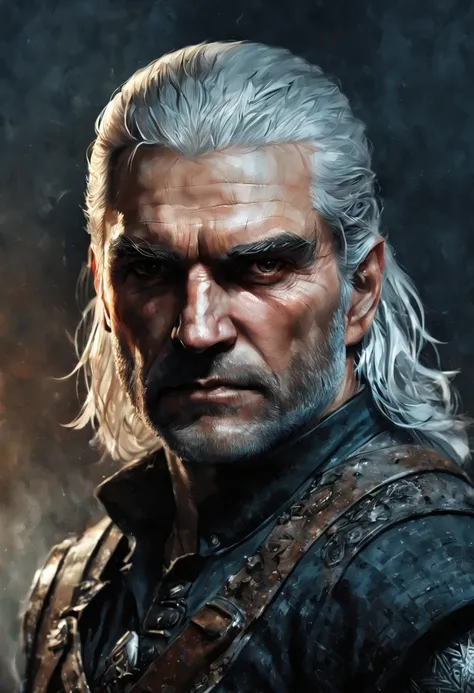 portrait of geralt of rivia, epic, tragic, military art, fantasy, dieselpunk, hd shot, digital portrait, beautiful, artstation, ...