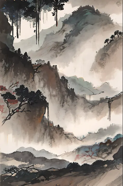 chinese landscape painting，ink and watercolor painting，the trees，vegetation，small waterfalls，open meadow