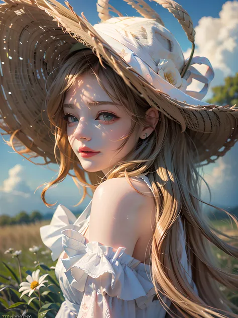 Summer Wallpaper, 1girl with strawhat, long goldhair, white long dress, Grass, Few Flowers, Big Clouds, Blue Sky, Hot Weather, HD Detail, Moist Watermark, Ultra Detail, Film, Hyper Realism, Soft Light, Deep Focus Bokeh, Ray Tracing, and Hyper Realism. --v6