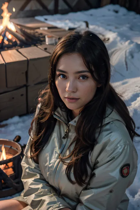 Best Quality ,masutepiece,超A high resolution,(photographrealistic:1.4), 1 girl, Looking at Viewer, Woman in down jacket , Very beautiful, Cinematic, 35mm lens, F/ 1. 8, Accent Lighting, 8K, From  above,Glamping,bonfire,Winters、Winter Camp,