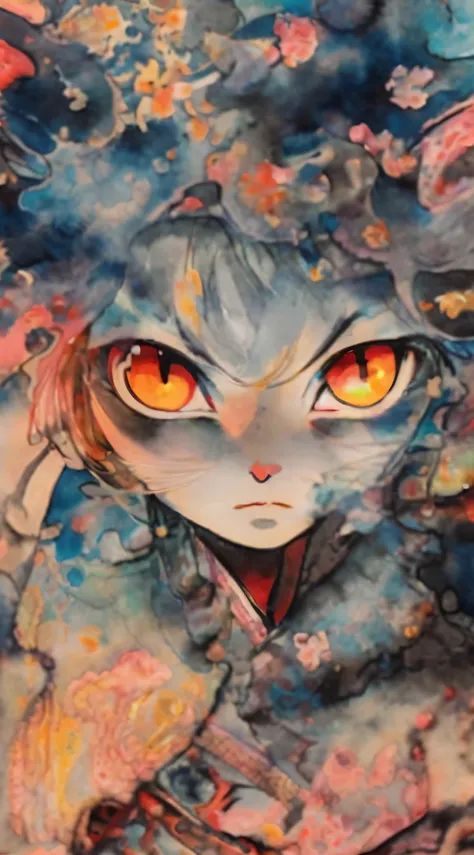 (Masterpiece, Best Quality: 1.4), Amazing Manga Art on Cracked Paper, Girl in Kimono, Lively Illustration | Necronomicon Art Expressionism, Glowing Watercolor, Alcohol Ink, Eye-Catching, Artistic, Very Detailed, surreal, otherworldly, dream-like, dignified...