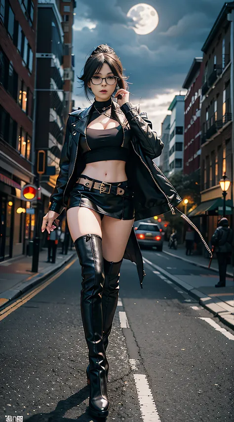 （Very normal body）City of Demons、old castle、Moon Night、1womanl、cosplayer、bayonetta、Guns in both hands、Black leather jacket、Black leather mini skirt、White panties are visible from under the skirt、（The pubic area is transparent）、Black Pin Heel Boots、sexypose...