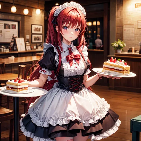 promo photo, The place is a coffee shop, 1 girl, 16-year-old face, Waitress carrying cake to table, Red-headed twin-tailed, Gentle face, Gothic Lolita half costume and maid costume with strawberry image, Clothes based on white,