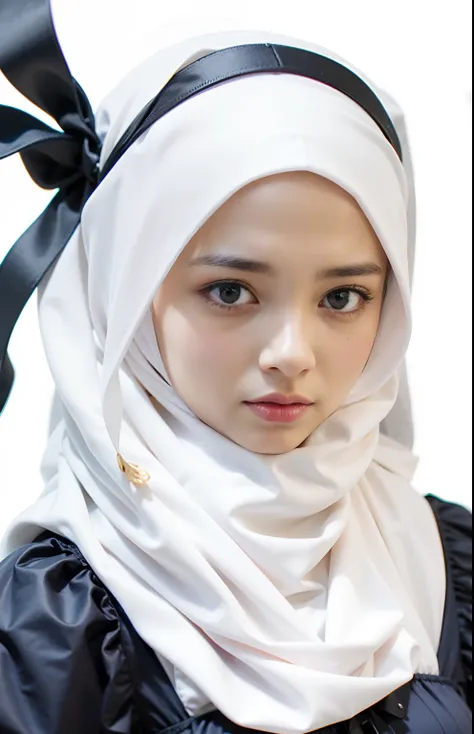 there is a young girl wearing a white hijab and a black bow,