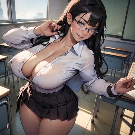 ((Masterpiece, Best)), (1girl,solo,alone), (Mature woman), black hair, Open Chest Temptation, flared, (school girl), bangs, super huge gigantic breasts, cleavage showing, Glasses lady, (full), Slim, Smile, [Curvy, Wide hips, pov view, giant ass facing the ...