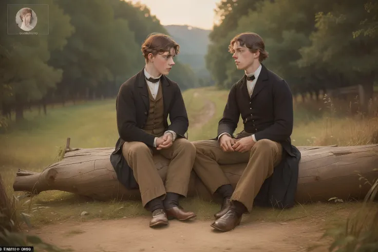 year: 1865. Location: Rock Island, Illinois. Pre-Raphaelite (((22-year-old George MacKay))), outside, with his older brother, sitting on a log, (((emotional))), ((((rural Clothing from the 1860s)))) ((Hairstyle of the 1860s)), ((("OMITB" cinematography)))