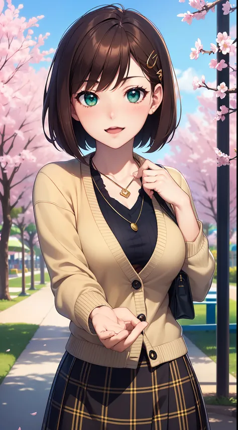 ((masterpiece, best quality, highres, UHD, perfect pixel, depth of field, 4k, RTX, HDR))), 1girl, single, solo, beautiful anime girl, beautiful artstyle, anime character, ((short hair, bangs, brown hair, bob hair, hair pin)), (green eyes:1.4, rounded eyes,...