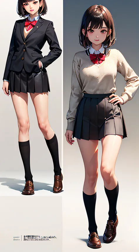 (((professional: step by step, final result god level))): "masterpiece, best quality, highres, kr1, brown eyes, blunt bangs, kibito high school uniform, 20% miniskirt, sweater, pleated skirt, socks, small breasts, leaning forward, hand on hip,, low back vi...