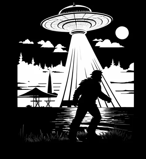 Black and white image of a man，There is a large alien ship in the background, Alien Paradise, extraterrestrials reach for him, Extraterrestrial, reptilian space alien, extraterrestial, big feet, Alien abduction, spiritual cryptid, stunning sasquatch, large...