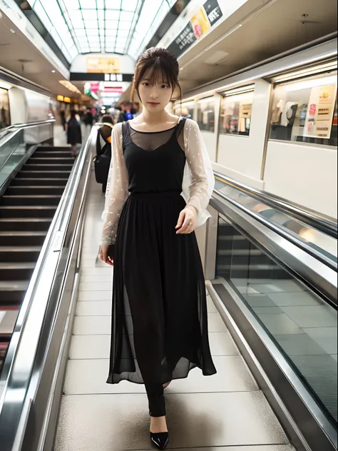 top-quality, masutepiece, High Definition, 16k image, married woman, buttock, (Escalators in shopping streets), Walking, (Sheer long skirt), Sheer pants