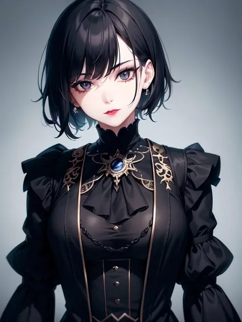 mevis, 1girl, short hair, black hair, solo focus, black eyes, makeup, lipstick, black lips , (dark magic:1.2), (grim:1.2), gothic vampire dressed in three-piece suit ,(intricate details), (hyperdetailed), 8k hdr, high detailed, lot of details, high quality...