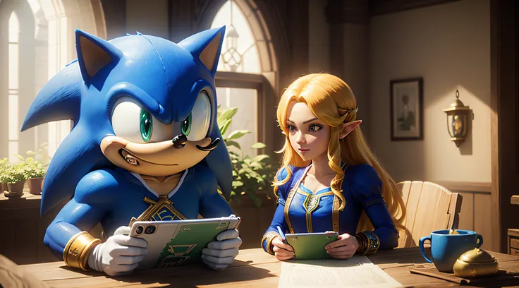 Sonic the blue hedgehog meet The Legend of Zelda : A Link Between Worlds : Nintendo 3DS. high resolucion, ultra-detailed, paysage de style Zelda, beautiful rendering.