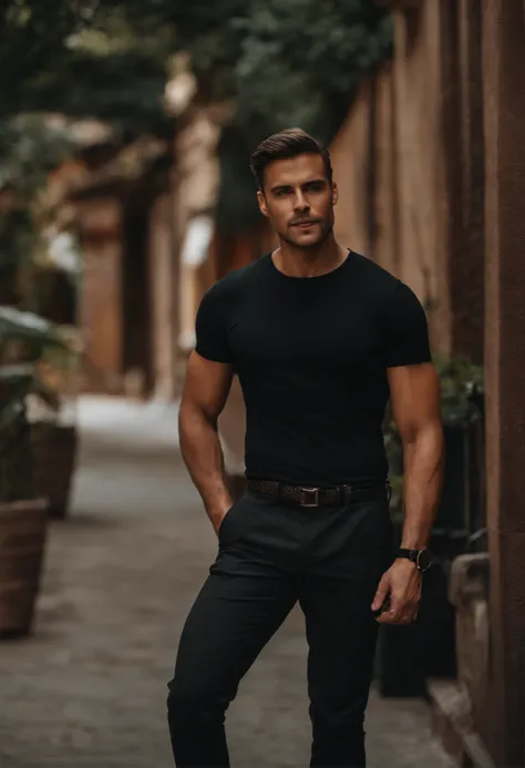 a short-cut man Wearing a black T-shirt and black pants,  wears a black watch on his left hand, and puts his right hand in his pants pocket.