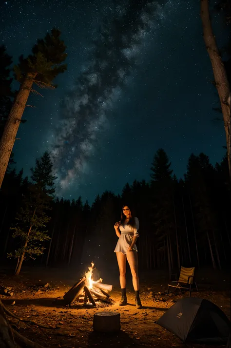 A beautiful woman by the campfire in a forest at night, perfect body, perfect hands, perfect breast,perfectly dressed, starry night, UHD, masterpiece