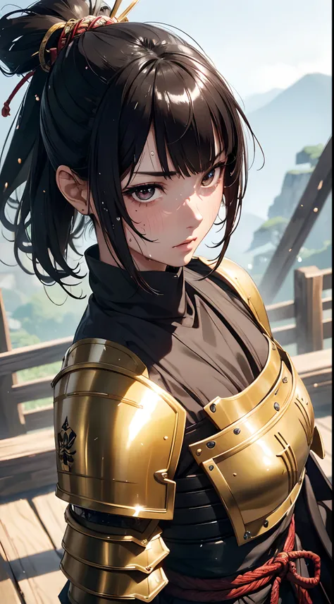 1girl, solo, samurai armor, masterpiece, best quality, realistic, hyper-detailed, (shiny skin, sweaty:1.4), absurd, looking at viewer, short black hair, brown eyes, slender, dynamic lighting, high resolution, sharp focus, depth of field, detailed eyes, sha...