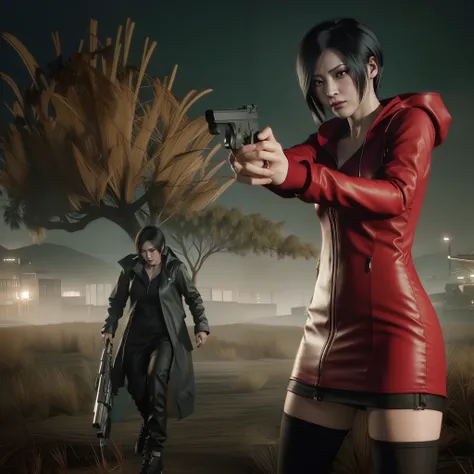 Ada wong, beautiful face, woman, bob hair, perfect Face, wearing mini red dress hoody, wearing hoody, black nail polish, glare face