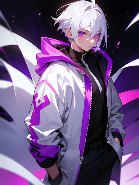 Boy with white hair glowing purple radiant eyes wearing a stylish fashion hoodie