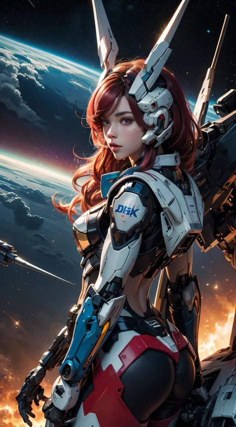 Textured skin, Super Detail, high details, High quality, Best Quality, hight resolution, 1080p, hard disk, a beauty、She wears a futuristic Gundam mecha(Gundam), pimk hair, space background, vivid colors