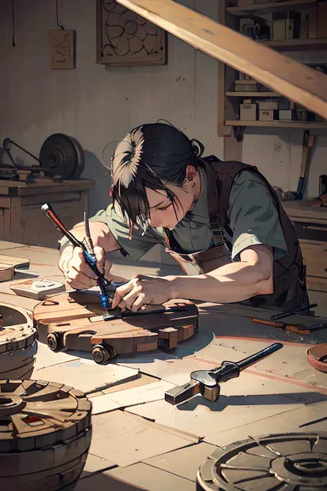 illustrate a skilled craftsman meticulously working on common tools like wheels and vehicles. emphasize the craftsmanship and pr...