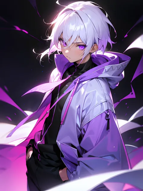 Boy with white hair glowing purple radiant eyes wearing a stylish fashion hoodie