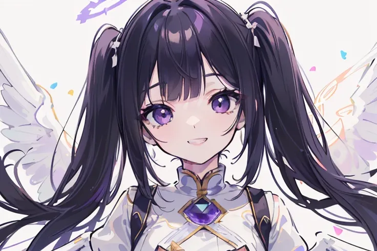 (white skirt,black hair, twintails, white skirt,white pantyhose,corset, 8K, masterpiece,detailed halo, highly detailed delicate face, little girl, medium breast, round eyes,wing on the waist,purple eyes,god ray,detailed shading,depth of field, smile with g...