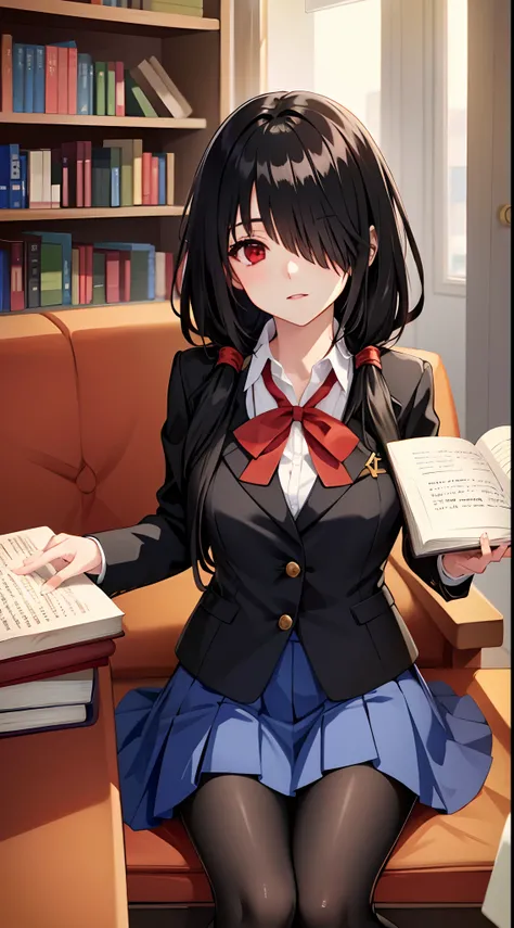 masutepiece, Best Quality, kurumitokisaki, Kurumi Tokisaki, clock eyes, Black hair, low twintails, (Hair over one eye:1.5), (Red Eyes:1.2), School uniform, Jacket, pantyhose, Pleated skirt, Black pantyhose, White shirt, looking at book, Library, bookshelf,...