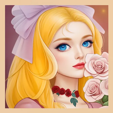 girl with golden hair and blue eyes, roses