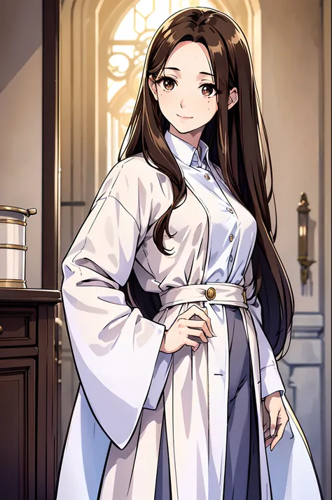 White lab coat, adult, 30 years old, long brown hair, thin hair, brown eyes, beautiful eyes, sleepy eyes, birthmark on right cheek, clipboard, standing, small breasts, light smile, castle background, mid-age furniture