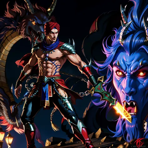 Moroccan Islamiv Castlevania Hyper Realistic Shadow Lord Super Detailed Lord Dracula Hokuto no Ken Kenshiro Style Beautiful Muscular Red Turban Leading Troops Demons to Battle Sharp Details