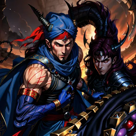 Moroccan Islamiv Castlevania Hyper Realistic Shadow Lord Super Detailed Lord Dracula Hokuto no Ken Kenshiro Style Beautiful Muscular Red Turban Leading Troops Demons to Battle Sharp Details