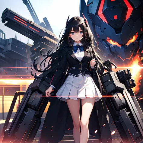 A young girl, mecha, mechanized, school theme, turned into machine, long black hair, elegant eyes, formal clothes