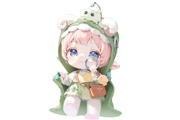 Sheep horns ,Lolita prostitute, cute character, , spoon pear slim loli figure,lalafell, small loli girl, 2D，Two-dimensional，anime，Celluloid，k hd，8K，Lovely wind，explorer，Hold a magnifying glass，Carrying a small backpack