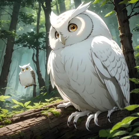 an small white owl, sit on nest, forest background, cute owl, studio ghibli anime, draw by studio ghibli, soft color pallet, glowing eyes, Soft natural lighting, Impressive contrast between owl and surroundings, Subtle details of the owls beak and claws (s...