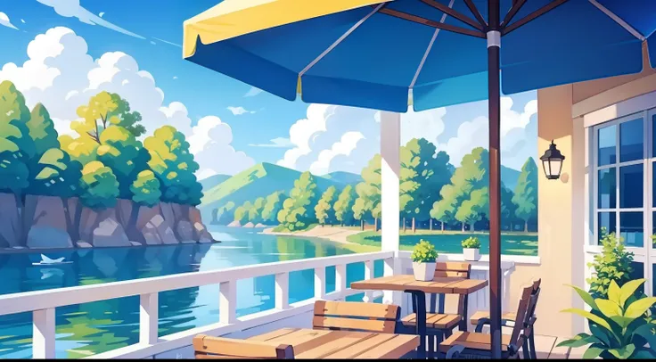 Beautiful landscape painting、Cafe terrace seating、blue-sky、ultra-quality、masutepiece、Natural Color