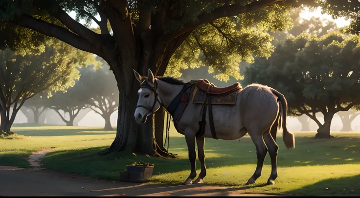 A donkey binding under tree,light background