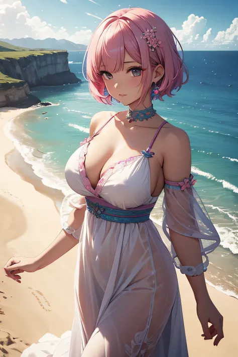 ​masterpiece、Massive landscape（（Mysterious Sea、sand beach））、a beauty girl、huge tit、Pink Hair Short Hair、Embroidery on a long dress 、hair adornments