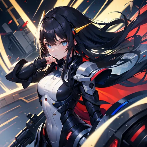 A young girl, mecha, mechanized, school theme, turned into machine, long black hair, elegant eyes, close potrait, formal clothes, perfect finger, detailed finger