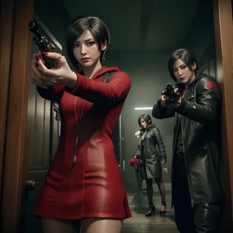 Ada wong 40 years old, beautiful face, bob hair, perfect Face, wearing mini red rose dress hoody, black nail polish, glare, red heels