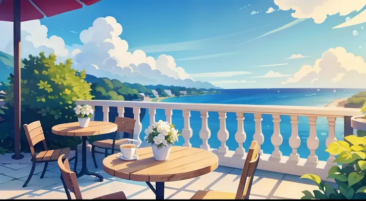 Beautiful landscape painting、Cafe terrace seating、blue-sky、ultra-quality、masutepiece、Natural Color、a Dog