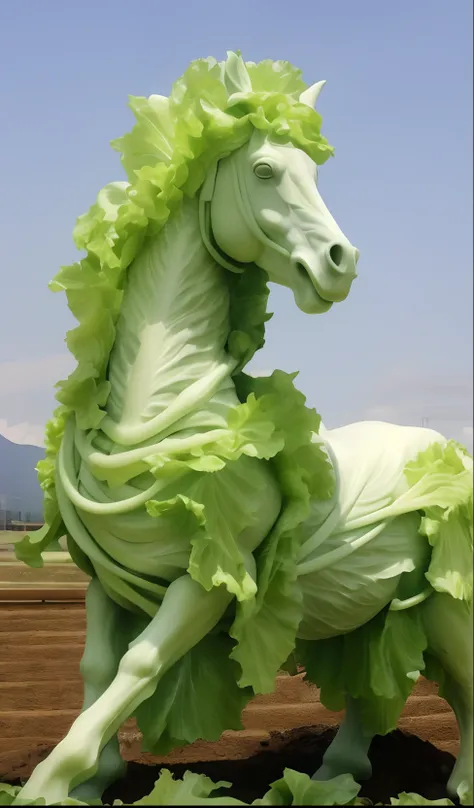 Close-up of horse statue made of lettuce, lettuce, Salad, Giant sculpture, green mane, anthropomorphic horse, author：Ron S, highly detailed sculpture, baroque vaporwave statue, very very surreal, funny sculpture, Escultura!!, made out of plastic, award win...