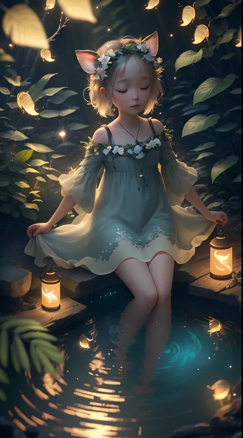 Masterpiece, best quality, (very detailed CG unity 8k wallpaper), (best quality), (best illustration), (best shadows), glow sprite, with a glowing deer, in the swimming pool Drinking water, natural elements in the forest theme. Mysterious forest, beautiful...