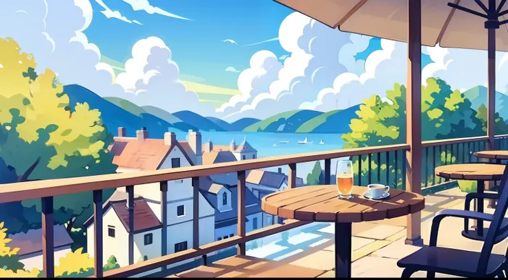 Beautiful landscape painting、Cafe terrace seating、blue-sky、ultra-quality、masutepiece、Natural Color、Dog on a chair