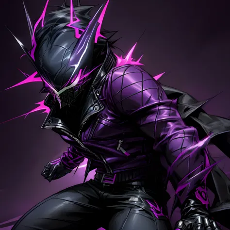 Male Black and neon purple venom like symbiote with spiked leather jacket with spider theme lighting bolt shaped eyes, superhero