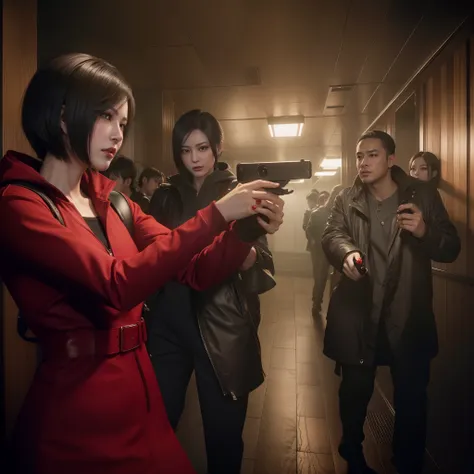 Ada wong 40 years old, beautiful face, bob hair, perfect Face, wearing mini red rose dress hoody, black nail polish, glare