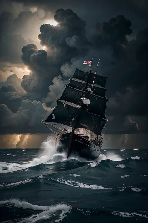 (realistic,photorealistic,photo-realistic:1.37),large detailed old sailing yacht in intense thunderstorm on rough sea,ominous dark clouds,vivid lightning and heavy rain,roaring waves crashing against the boat,raging sea spray,sailors desperately trying to ...