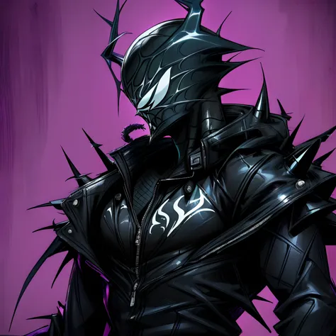 Venom symbiote, black and neon purple, spiked leather jacket, spider symbol on chest, spiked knuckles, spider arms on the back, venom style face, no hair no helmet no horns