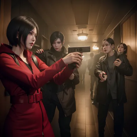 Ada wong 40 years old, beautiful face, bob hair, perfect Face, wearing mini red rose dress hoody, black nail polish, glare