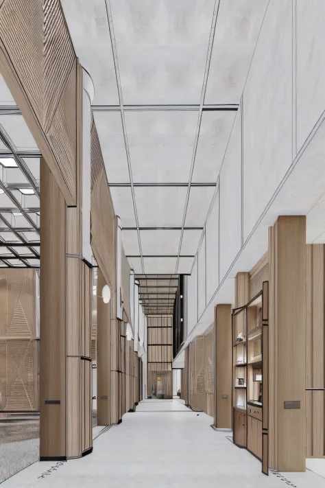 There is a painting，Its a big room，There are a lot of shelves, inspired by David Chipperfield, building rendering, detailed renderings, conceito, architecture render, precise architectural rendering, low angle dimetric rendering, architectural render, inte...